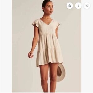Abercrombie & Fitch Beige Mini Linen Trapeze Flutter Sleeve Dress, ties in back